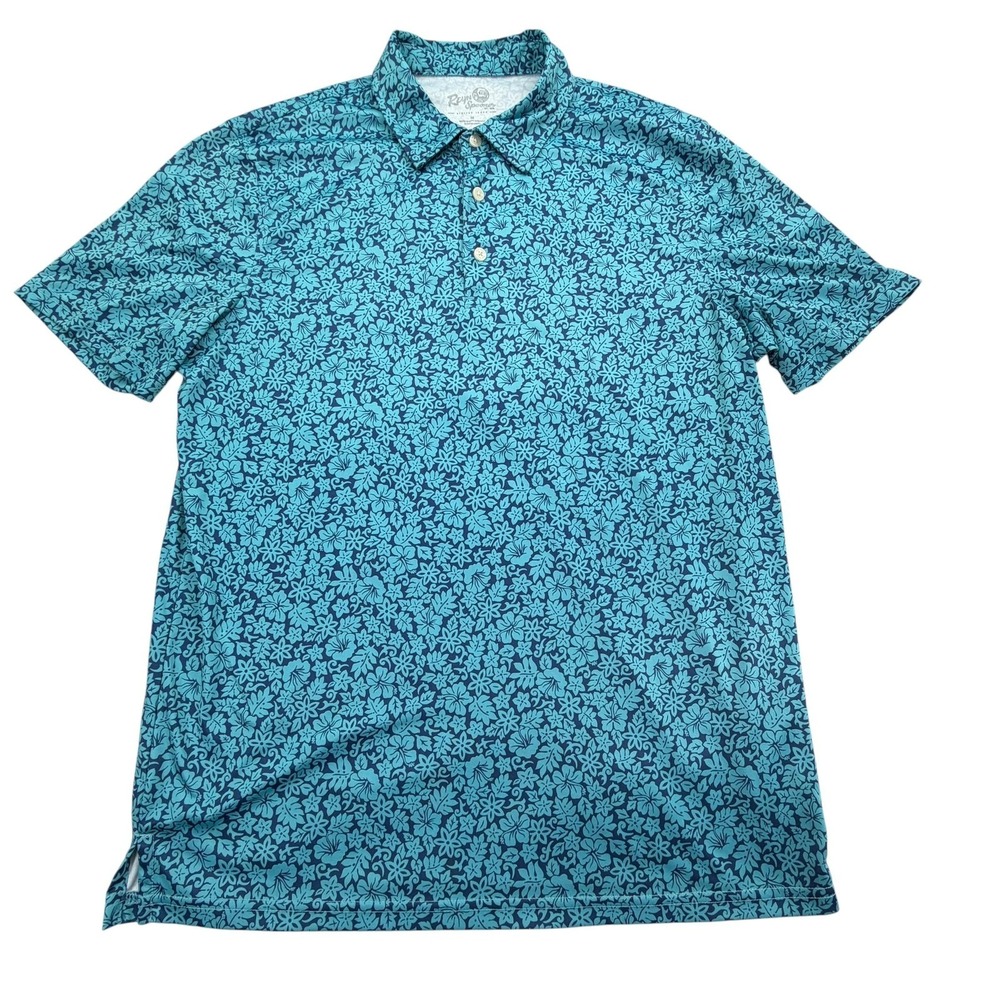 Reyn Spooner Brrr Polo Shirt Mens M Blue Floral Golf Performance Short Sleeve